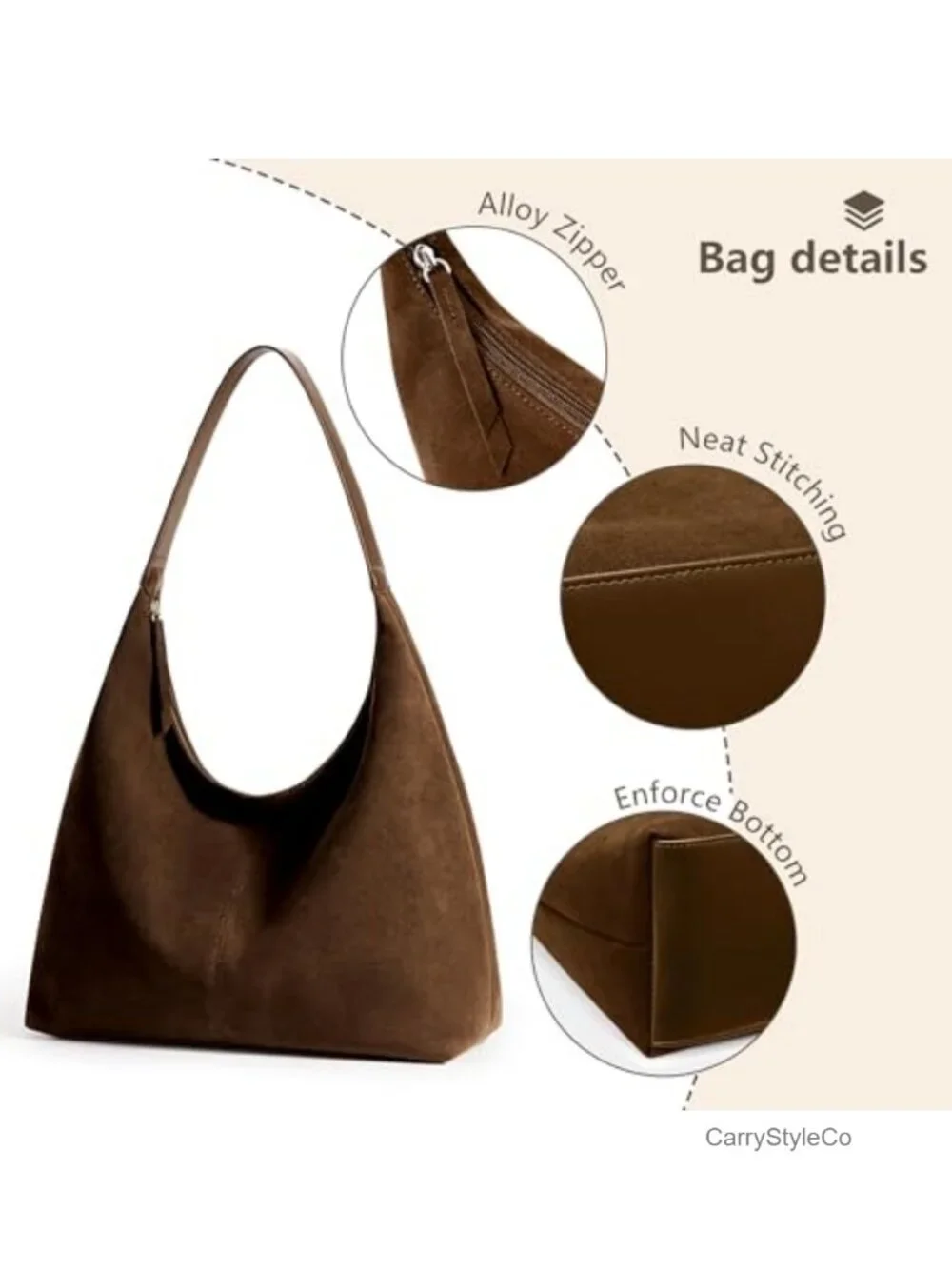 KALIDI Slouchy Tote Bag 18L Casual Vegan Faux Suede Hobo Crescent Zipper